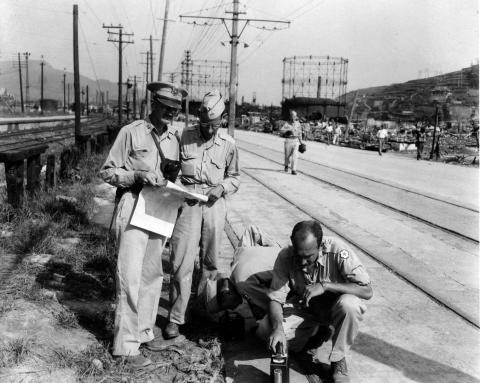Manhattan Project Survey Team in Hiroshima. Photo courtesy of the Patricia Cox Owen Collection, AHF.